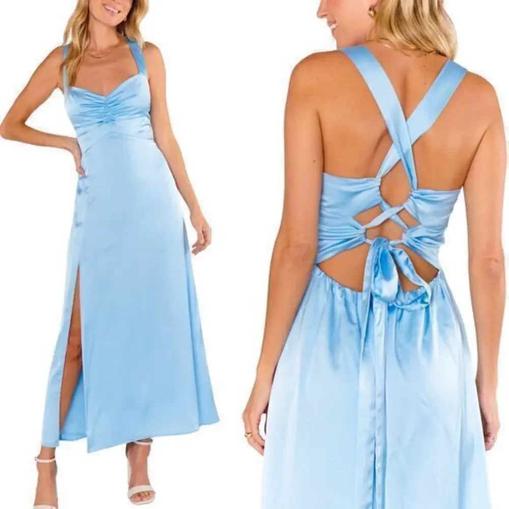 Show Me Your MuMu Blue Backless Wrap Midi Dress - Picture 1 of 7